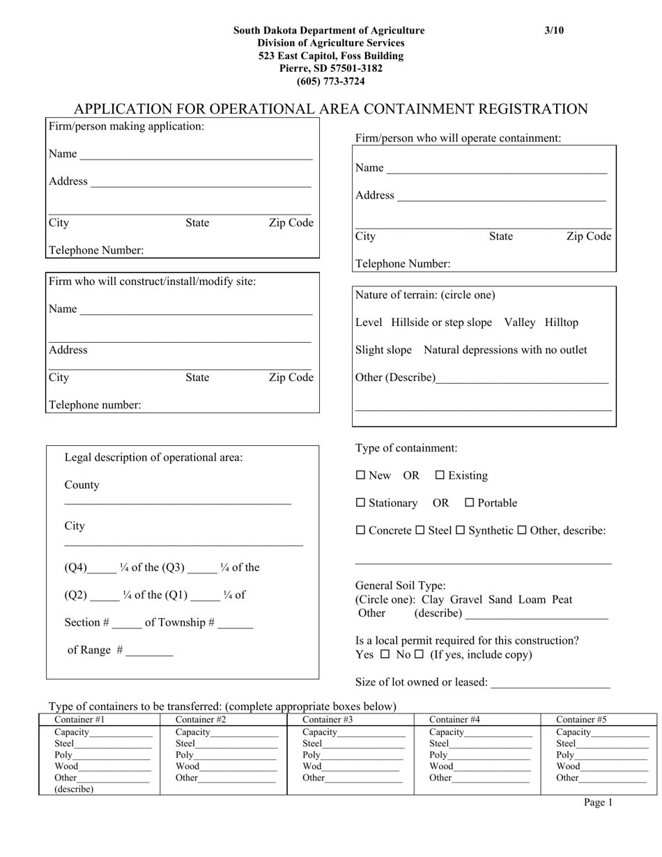 Application for Operational Area Containment Registration - South Dakota, Page 1