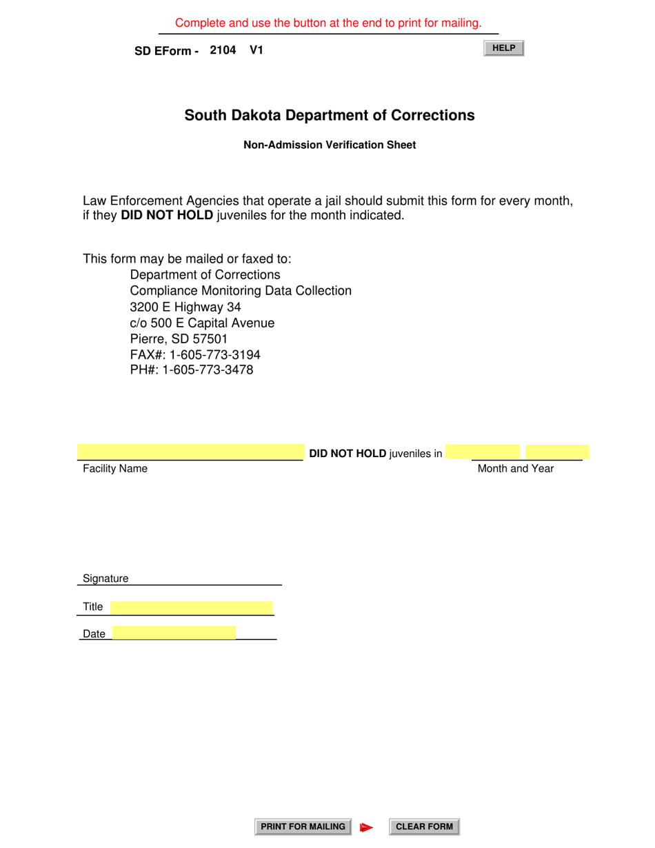 SD Form 2104 Non-admission Verification Sheet - South Dakota, Page 1