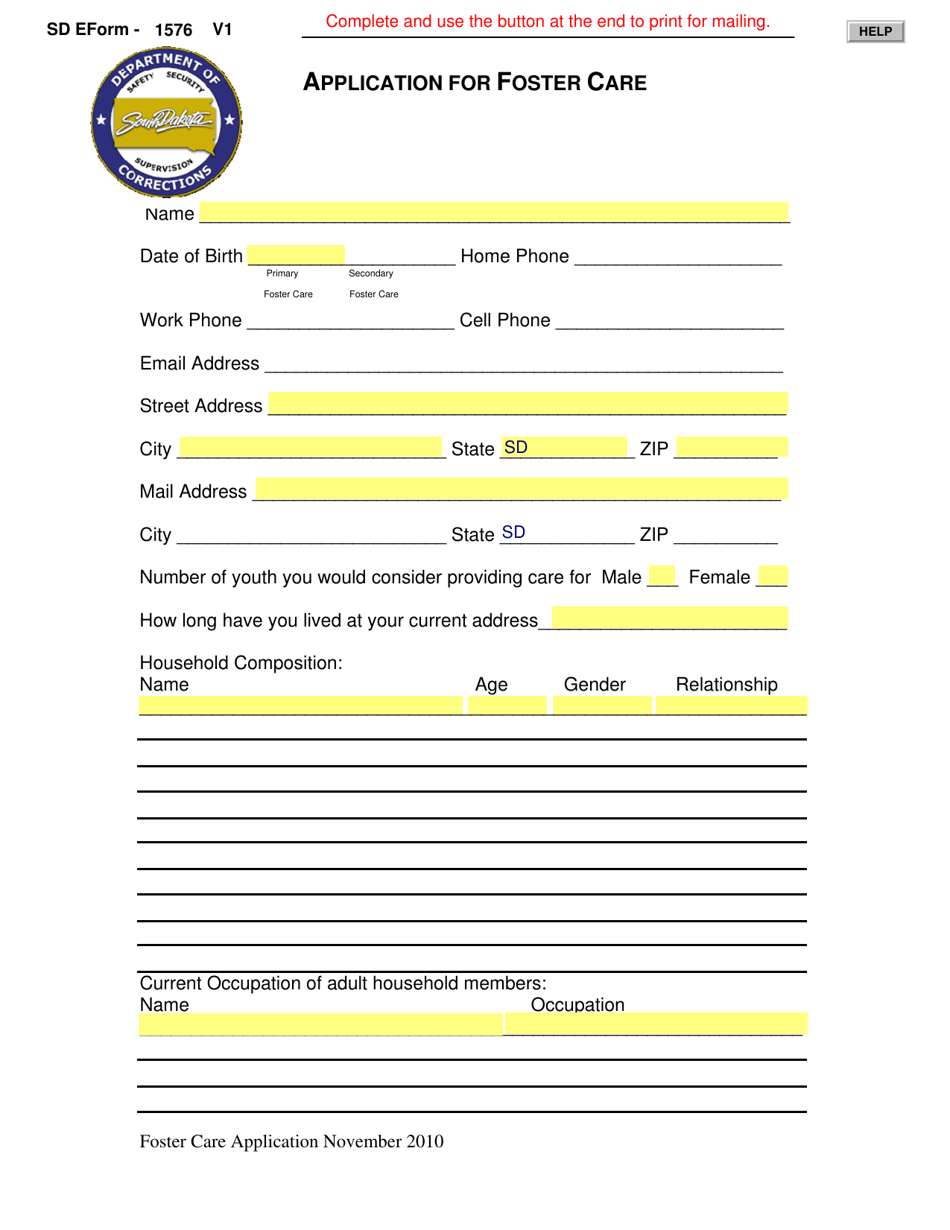 SD Form 1576 Application for Foster Care - South Dakota, Page 1