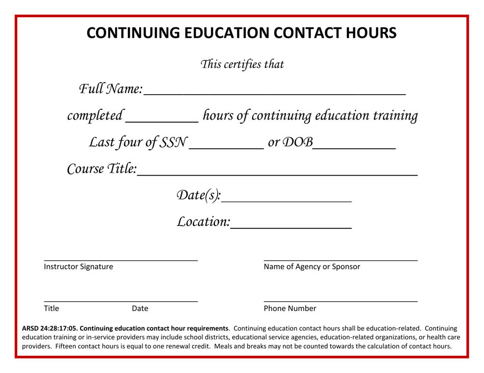 Form RF1 Continuing Education Contact Hour Certificate - South Dakota, Page 1
