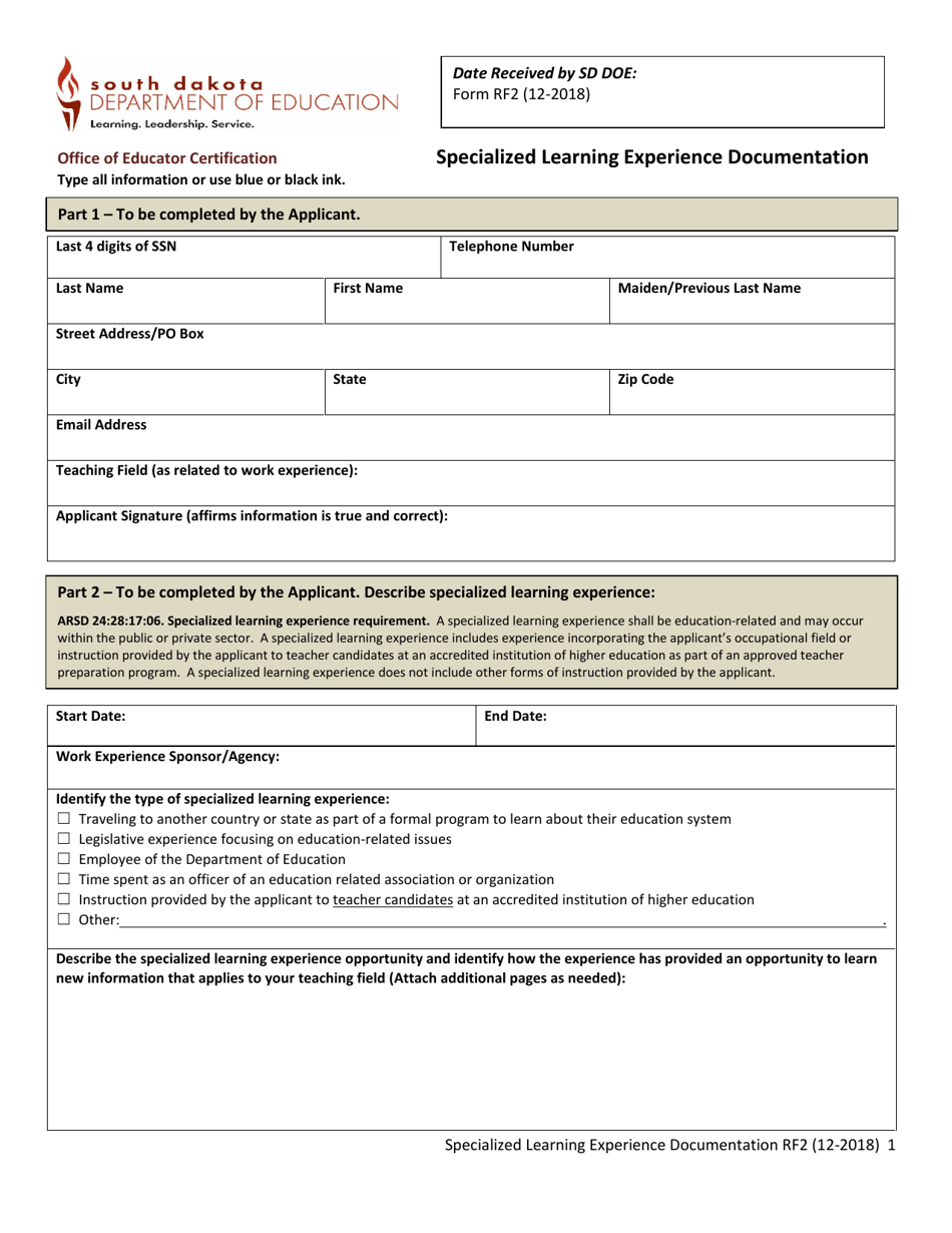Form RF2 Specialized Learning Experience Documentation - South Dakota, Page 1