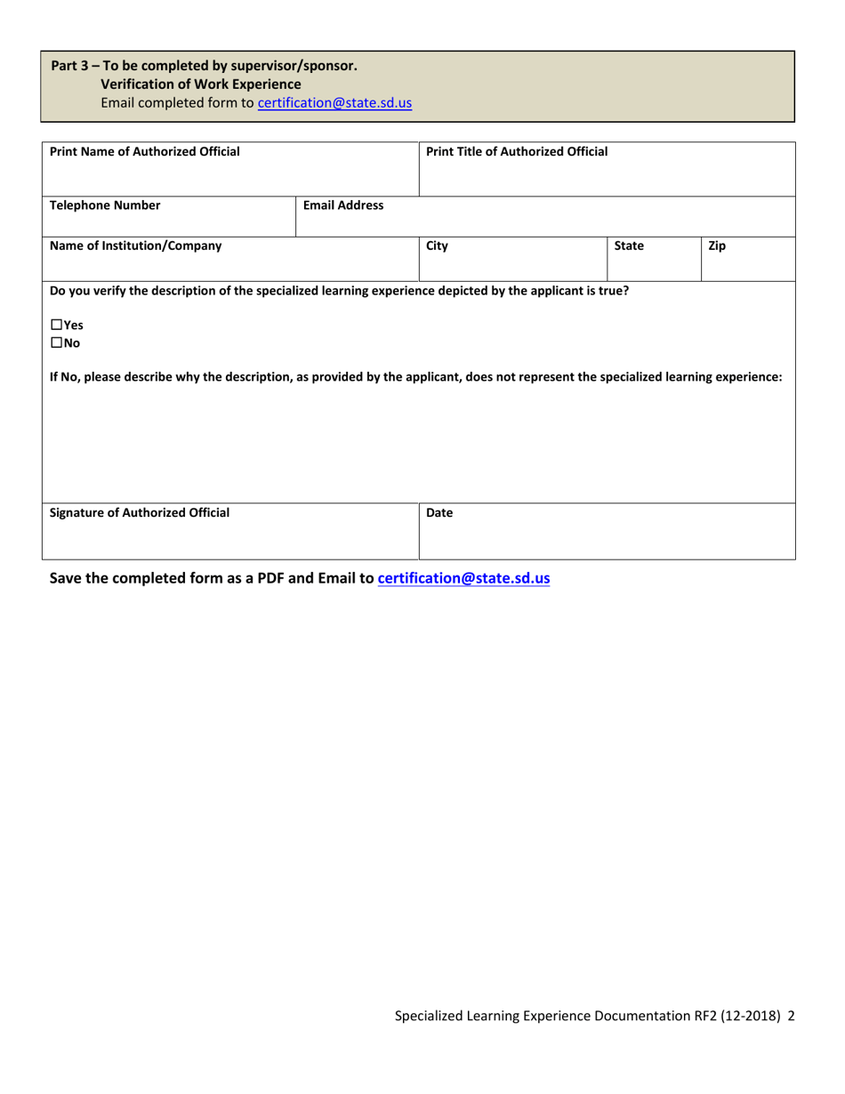 Form RF2 Specialized Learning Experience Documentation - South Dakota, Page 2