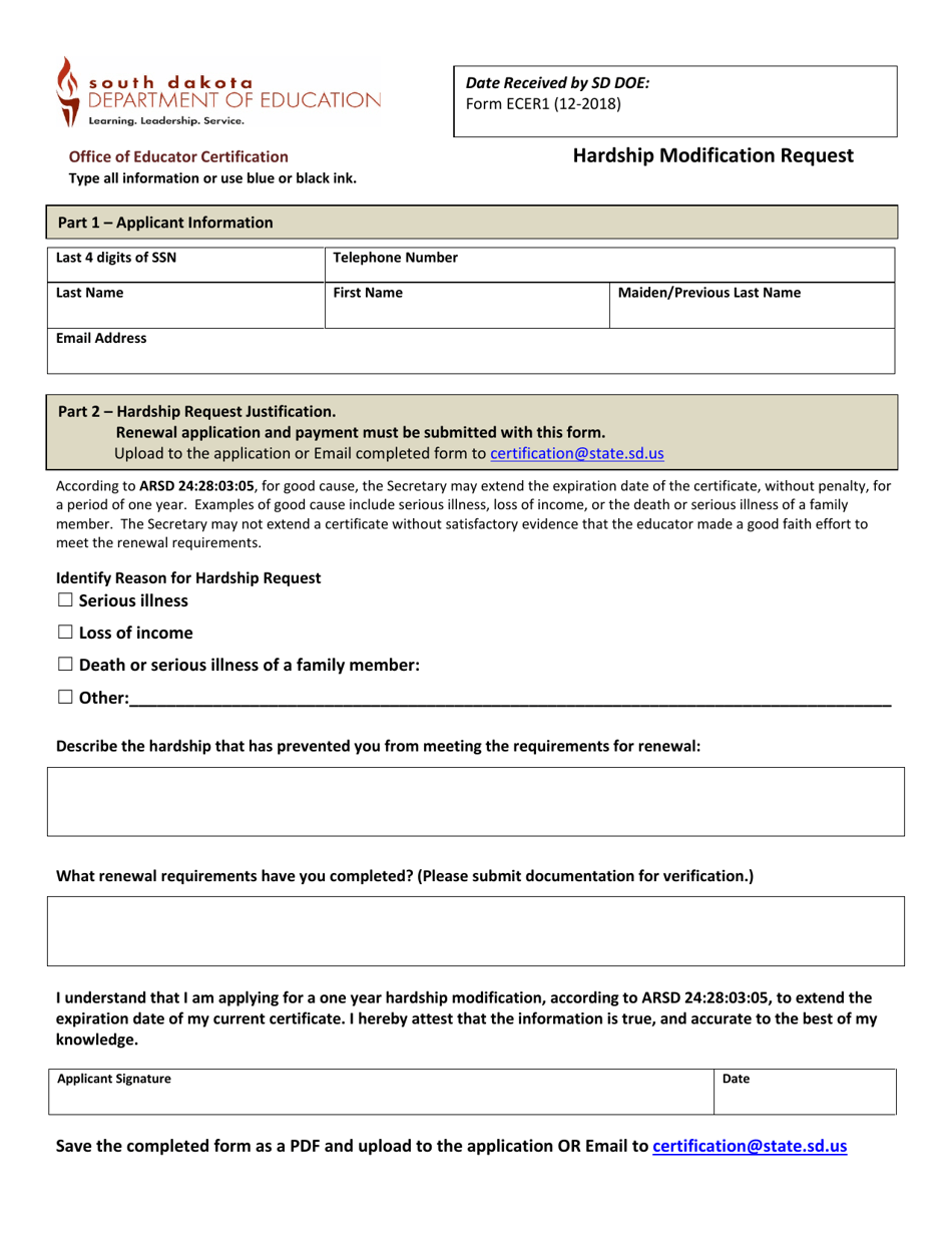 Form ECER1 Hardship Modification Request - South Dakota, Page 1