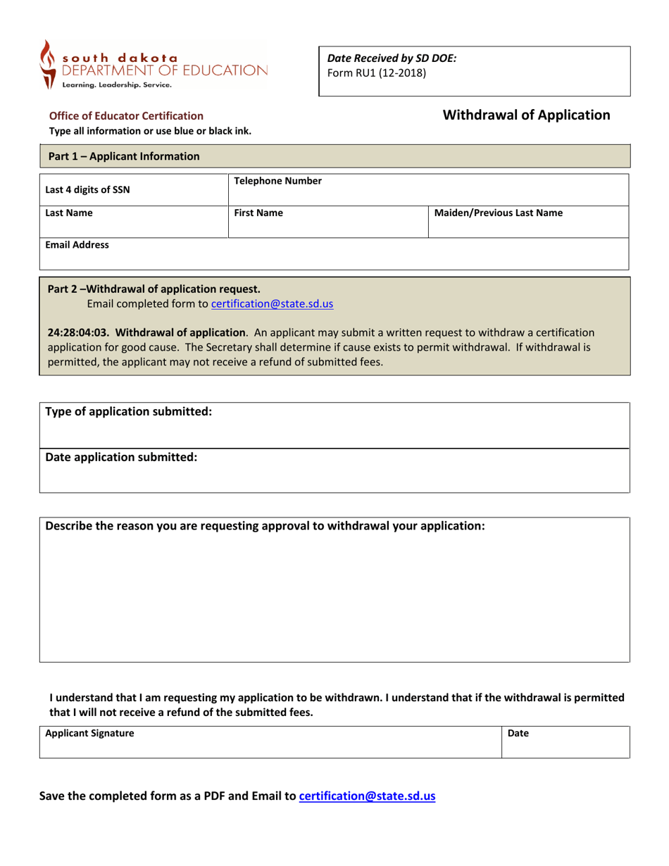 Form RU1 Withdrawal of Application - South Dakota, Page 1