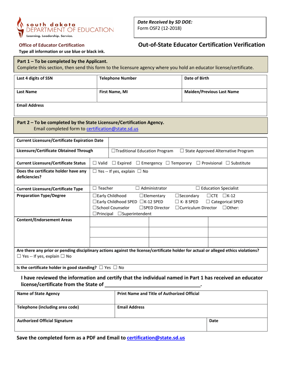 Form OSF2 Out-of-State Educator Certification Verification - South Dakota, Page 1