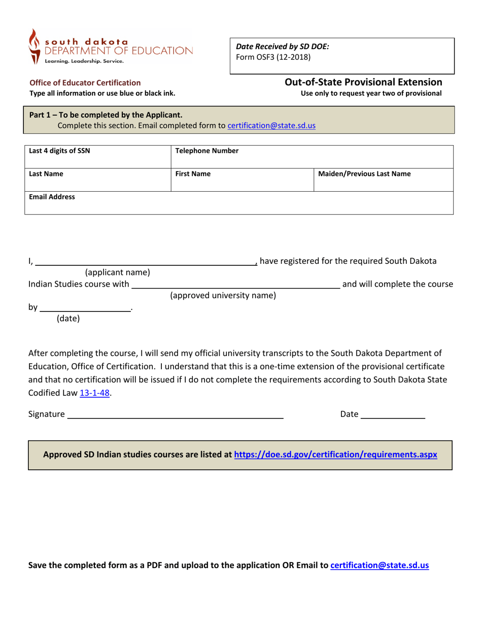 Form OSF3 Out-of-State Provisional Extension - South Dakota, Page 1