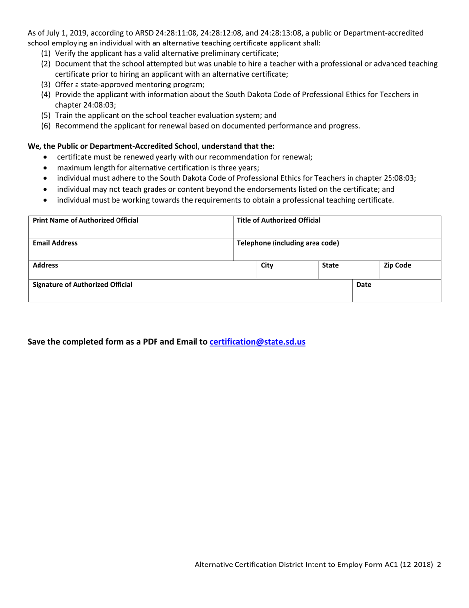 Form AC1 Alternative Certification District Intent to Employ - South Dakota, Page 2