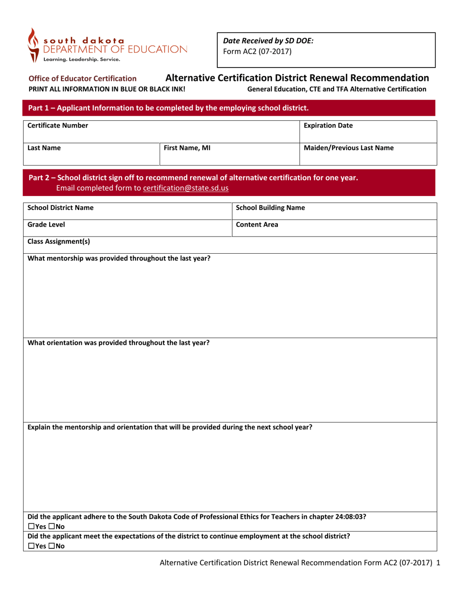 Form AC2 Alternative Certification District Renewal Recommendation - South Dakota, Page 1