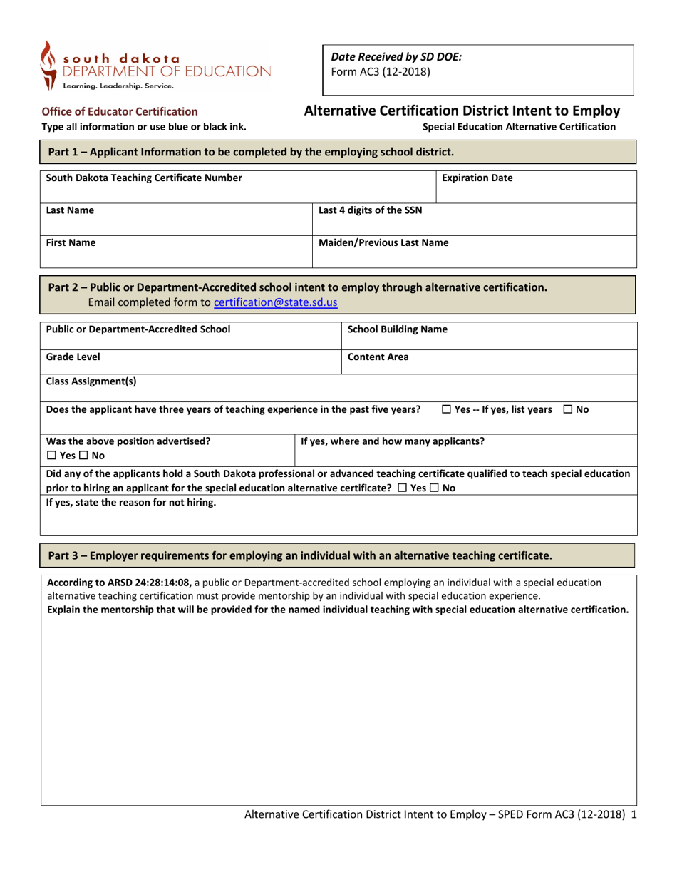 Form AC3 Alternative Certification District Intent to Employ - South Dakota, Page 1