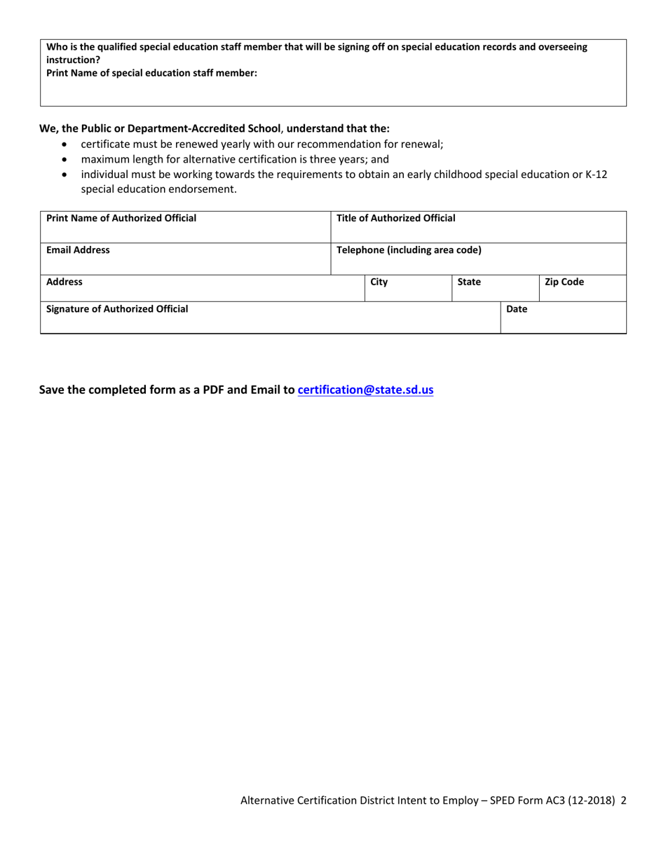 Form AC3 Alternative Certification District Intent to Employ - South Dakota, Page 2