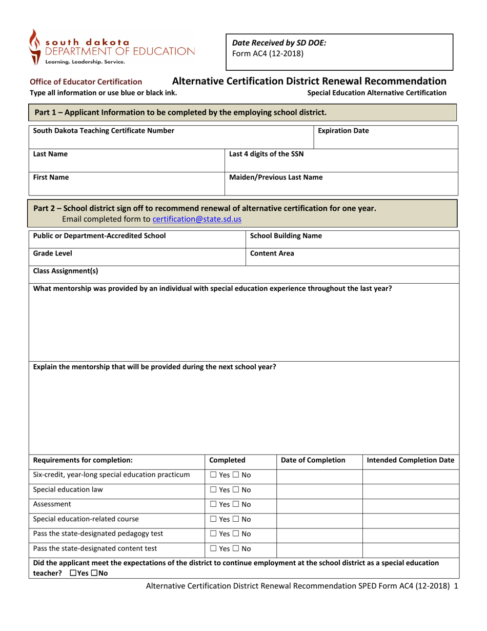 Form AC4 Alternative Certification District Renewal Recommendation - South Dakota, Page 1