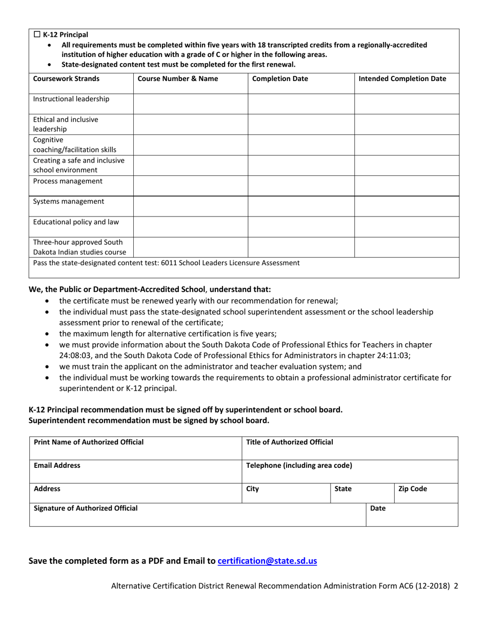 Form AC6 District Renewal Recommendation Administration - South Dakota, Page 2