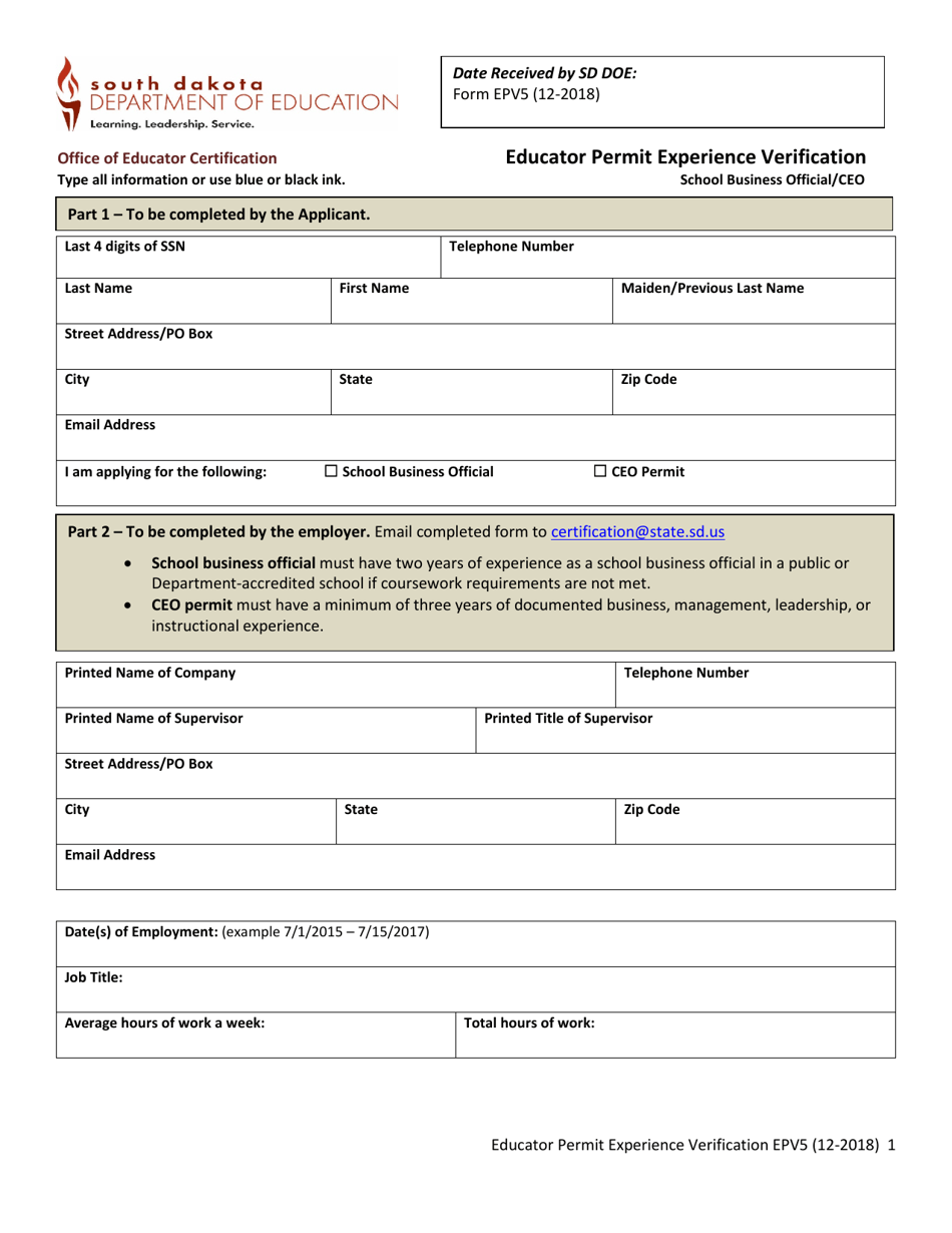 Form EPV5 Educator Permit Experience Verification - School Business Official / Ceo - South Dakota, Page 1