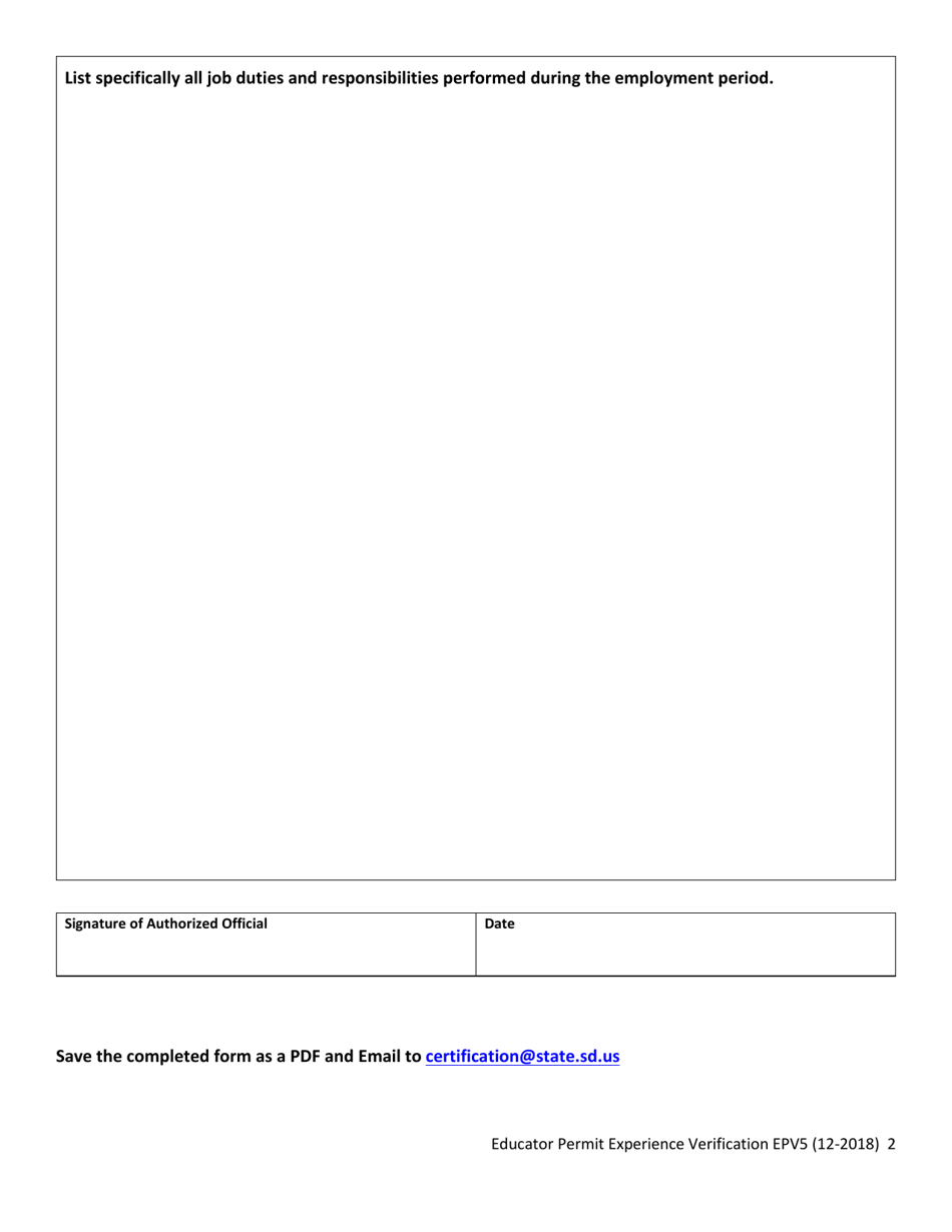 Form EPV5 Educator Permit Experience Verification - School Business Official / Ceo - South Dakota, Page 2