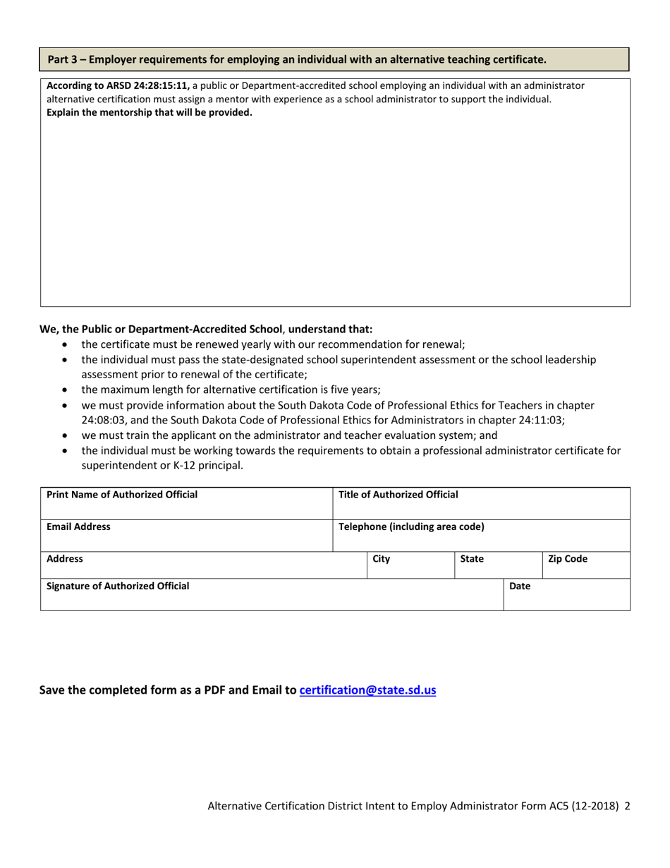 Form AC5 Alternative Certification District Intent to Employ - South Dakota, Page 2