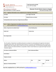 Document preview: Form EPV7 Educator Permit District Intent to Employ - International Exchange Teacher - South Dakota
