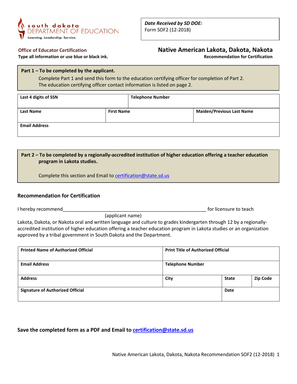 Form SOF2 Native American Lakota, Dakota, Nakota Recommendation for Certification - South Dakota, Page 1