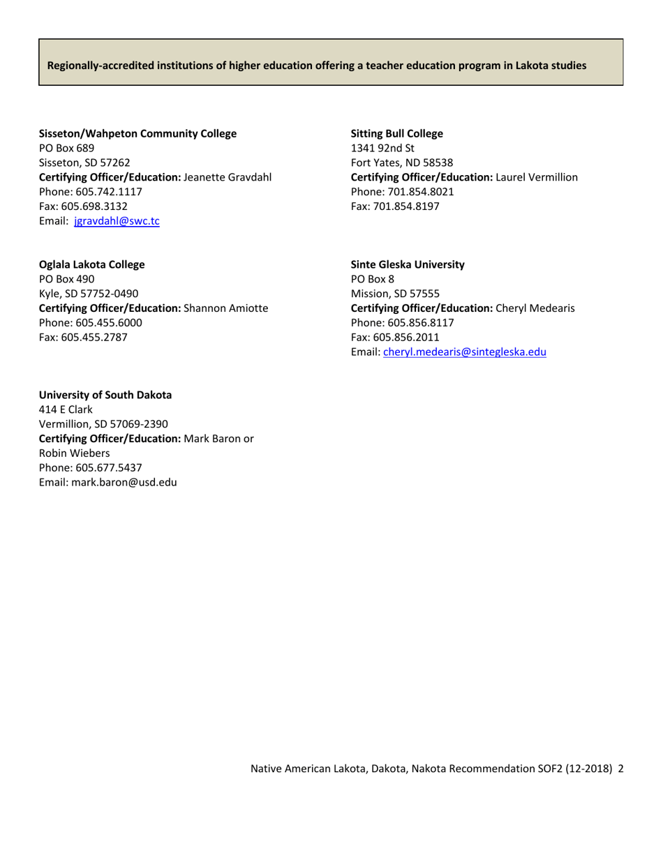 Form SOF2 Native American Lakota, Dakota, Nakota Recommendation for Certification - South Dakota, Page 2