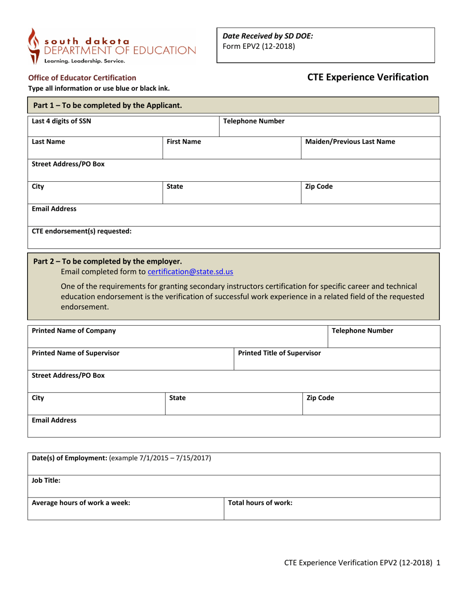 Form EPV2 Cte Experience Verification - South Dakota, Page 1