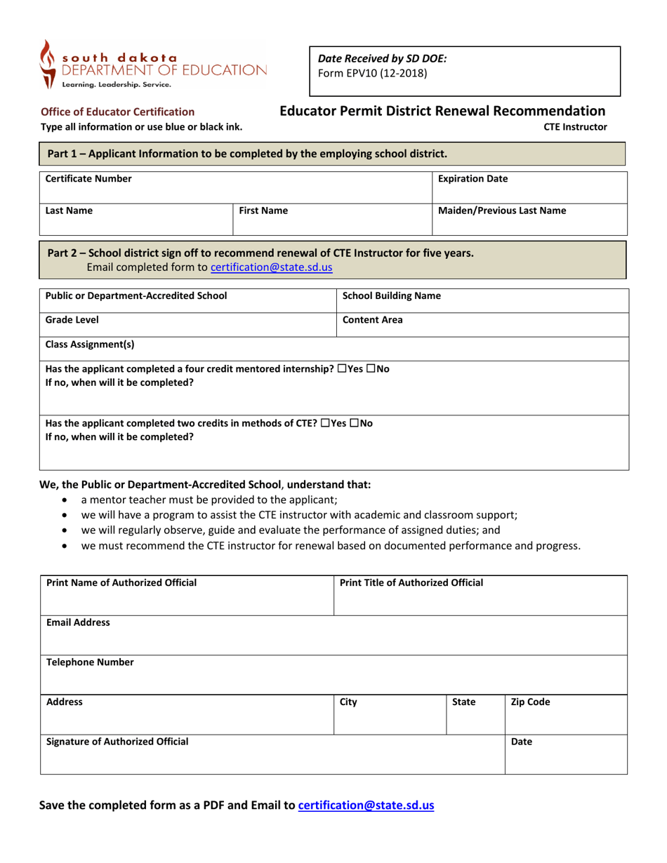 Form EPV10 Cte Instructor Educator Permit District Renewal Recommendation - South Dakota, Page 1