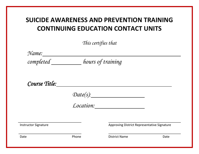 Suicide Awareness and Prevention Training Continuing Education Contact Units - South Dakota