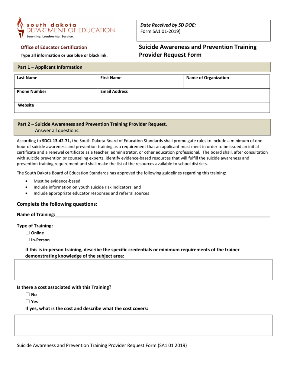 Form SA1 Suicide Awareness and Prevention Training Provider Request Form - South Dakota, Page 1