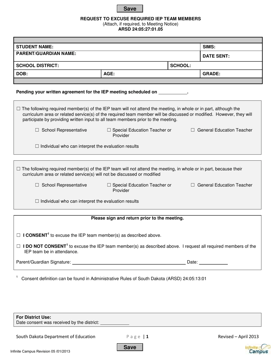 Request to Excuse Required Iep Team Members - South Dakota, Page 1