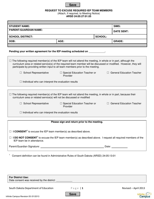 Request to Excuse Required Iep Team Members - South Dakota Download Pdf