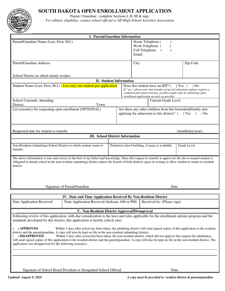 South Dakota South Dakota Open Enrollment Application Form Fill Out 