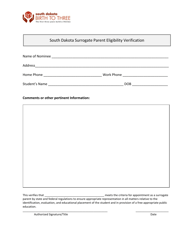 Document preview: South Dakota Surrogate Parent Eligibility Verification Form - South Dakota