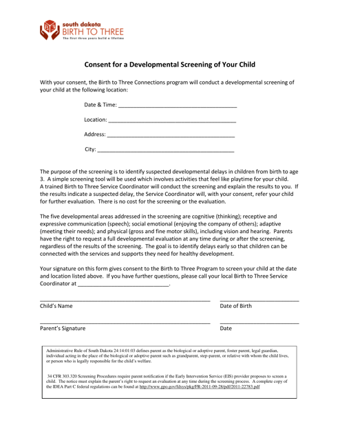 Consent for a Developmental Screening of Your Child - South Dakota Download Pdf