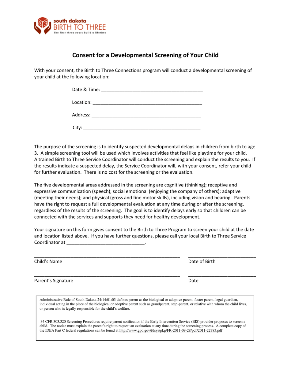 Consent for a Developmental Screening of Your Child - South Dakota, Page 1