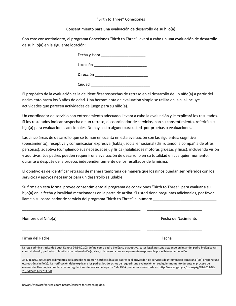 Consentimiento Para Una Evaluacion De Desarrollo De Su Hijo(A) - South Dakota (Spanish), Page 1