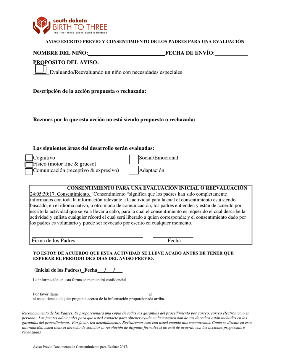 Aviso Escrito Previo Y Consentimiento De Los Padres Para Una Evaluacion - South Dakota (Spanish), Page 1