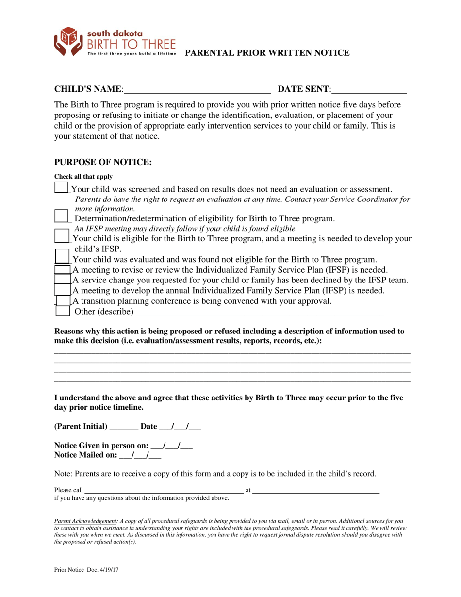 Parental Prior Written Notice - South Dakota, Page 1