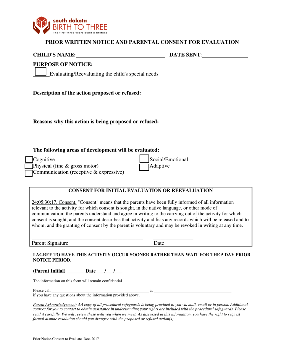 Prior Written Notice and Parental Consent for Evaluation - South Dakota, Page 1