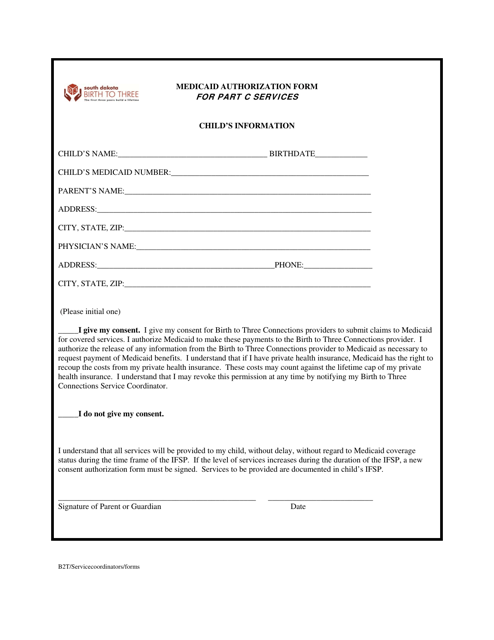 Medicaid Authorization Form for Part C Services - South Dakota Download Pdf