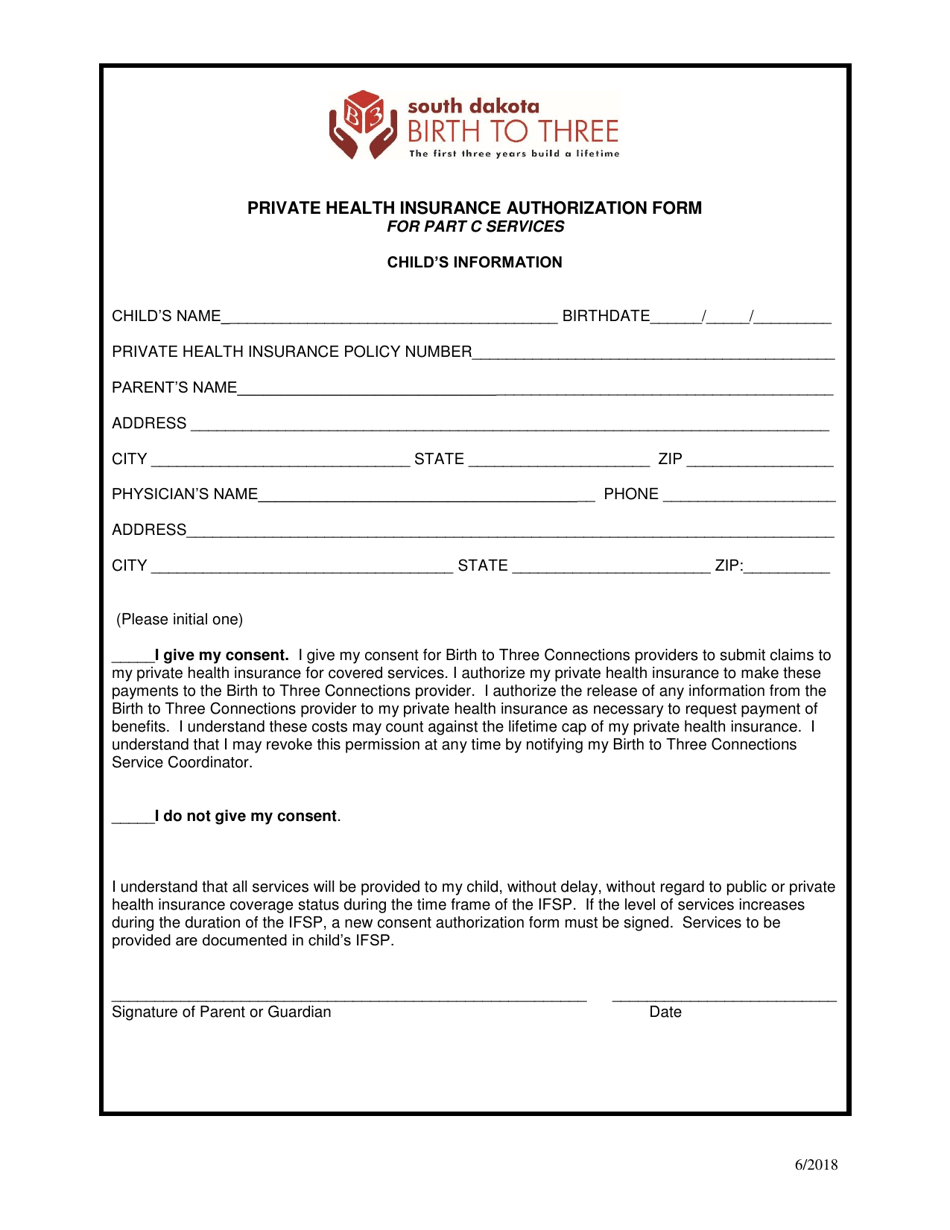Private Health Insurance Authorization Form for Part C Services - South Dakota, Page 1