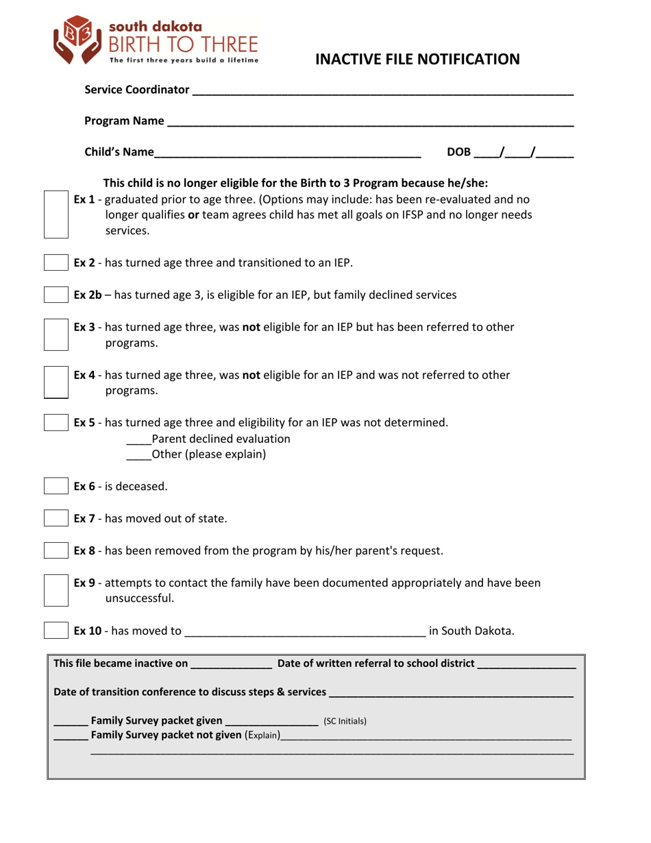 Inactive File Notification Form - South Dakota, Page 1