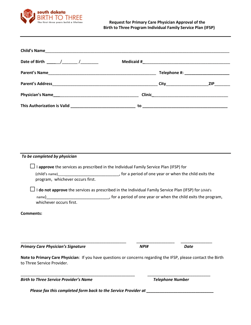 Request for Primary Care Physician Approval of the Birth to Three Program Individual Family Service Plan (Ifsp) - South Dakota, Page 1