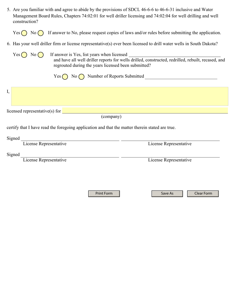 SD Form 0500LD Application for a Well Driller License - South Dakota, Page 3