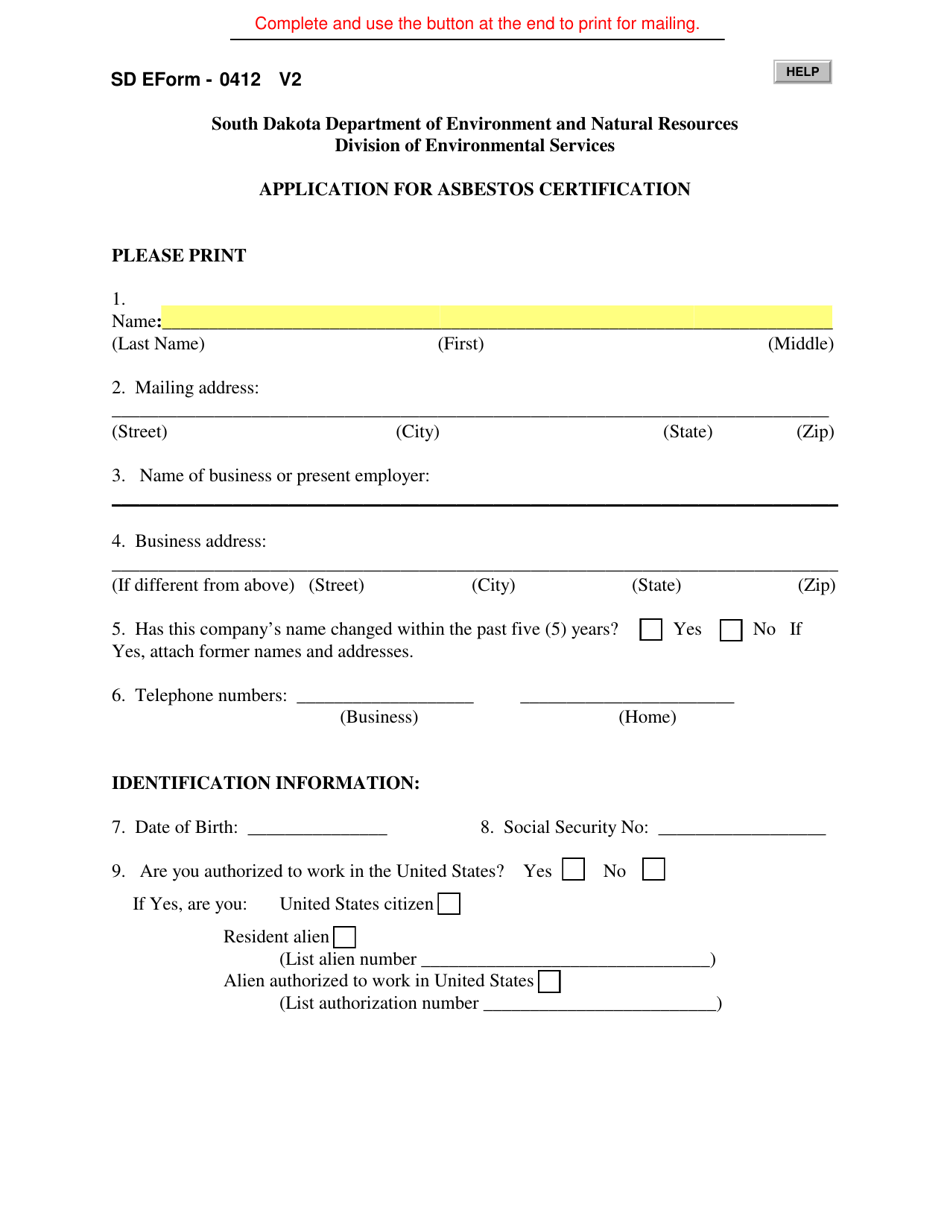 SD Form 0412 Application for Asbestos Certification - South Dakota, Page 1