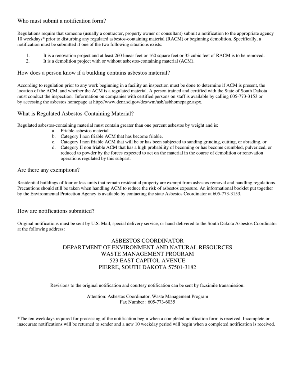 SD Form 0413 Asbestos Demolition / Renovation Notification Form - South Dakota, Page 3