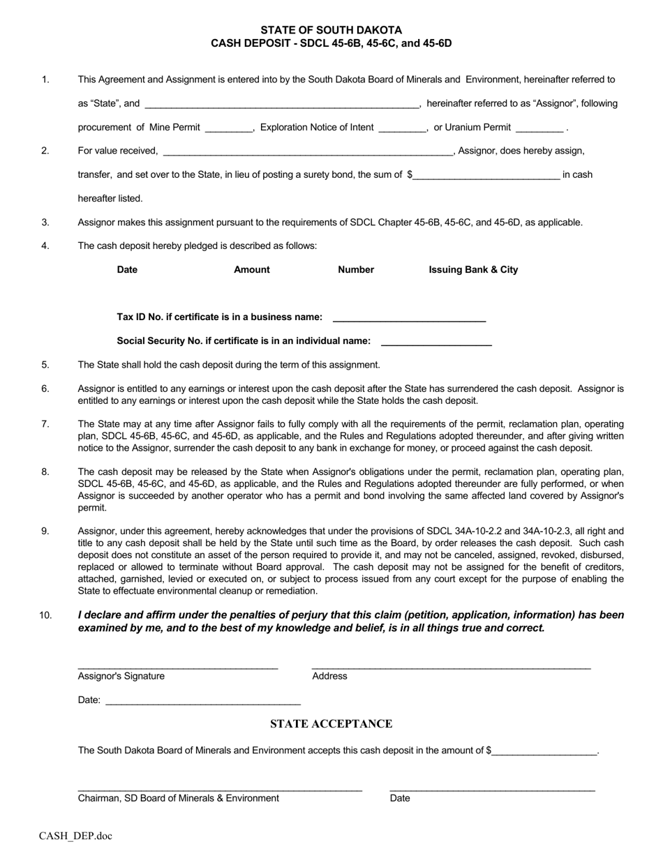 Cash Deposit Form for Mine and Exploration Permits - South Dakota, Page 1