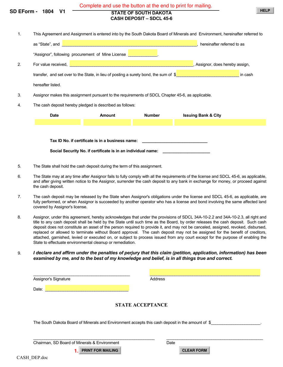 SD Form 1804 Cash Deposit Form for Mine Licenses - South Dakota, Page 1