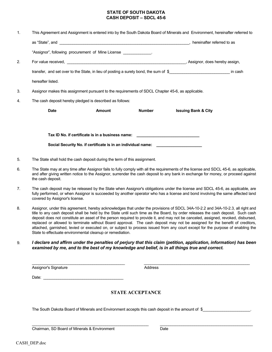 Cash Deposit Form for Mine Licenses - South Dakota, Page 1