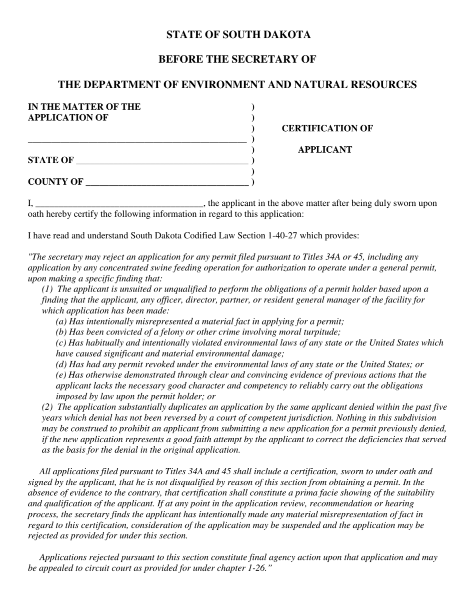Certification of Applicant - South Dakota, Page 1