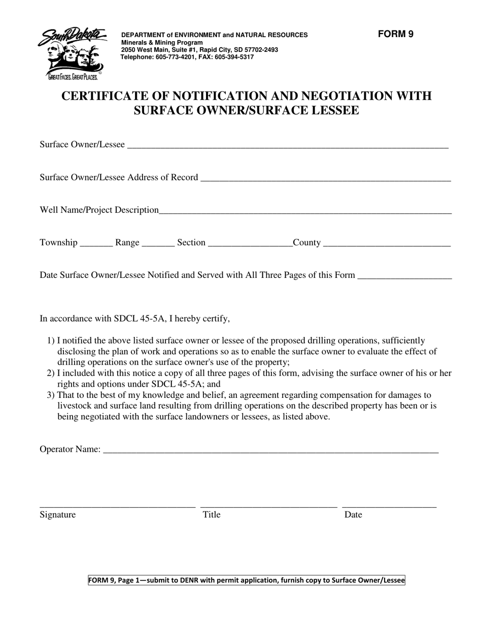 Form 9 Certificate of Notification and Negotiation With Surface Owner / Surface Lessee - South Dakota, Page 1