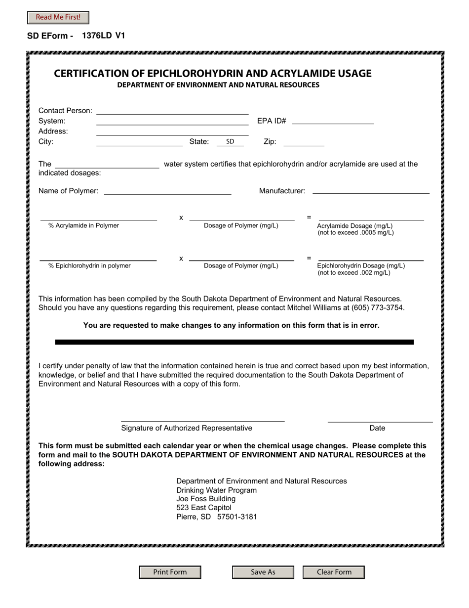 SD Form 1376LD Certification of Epichlorohydrin and Acrylamide Usage - South Dakota, Page 1