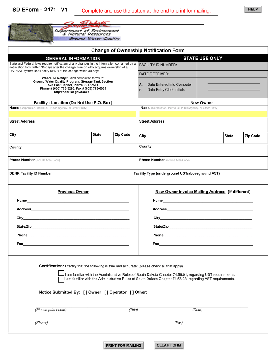 SD Form 2471 Change of Ownership Notification Form - South Dakota, Page 1